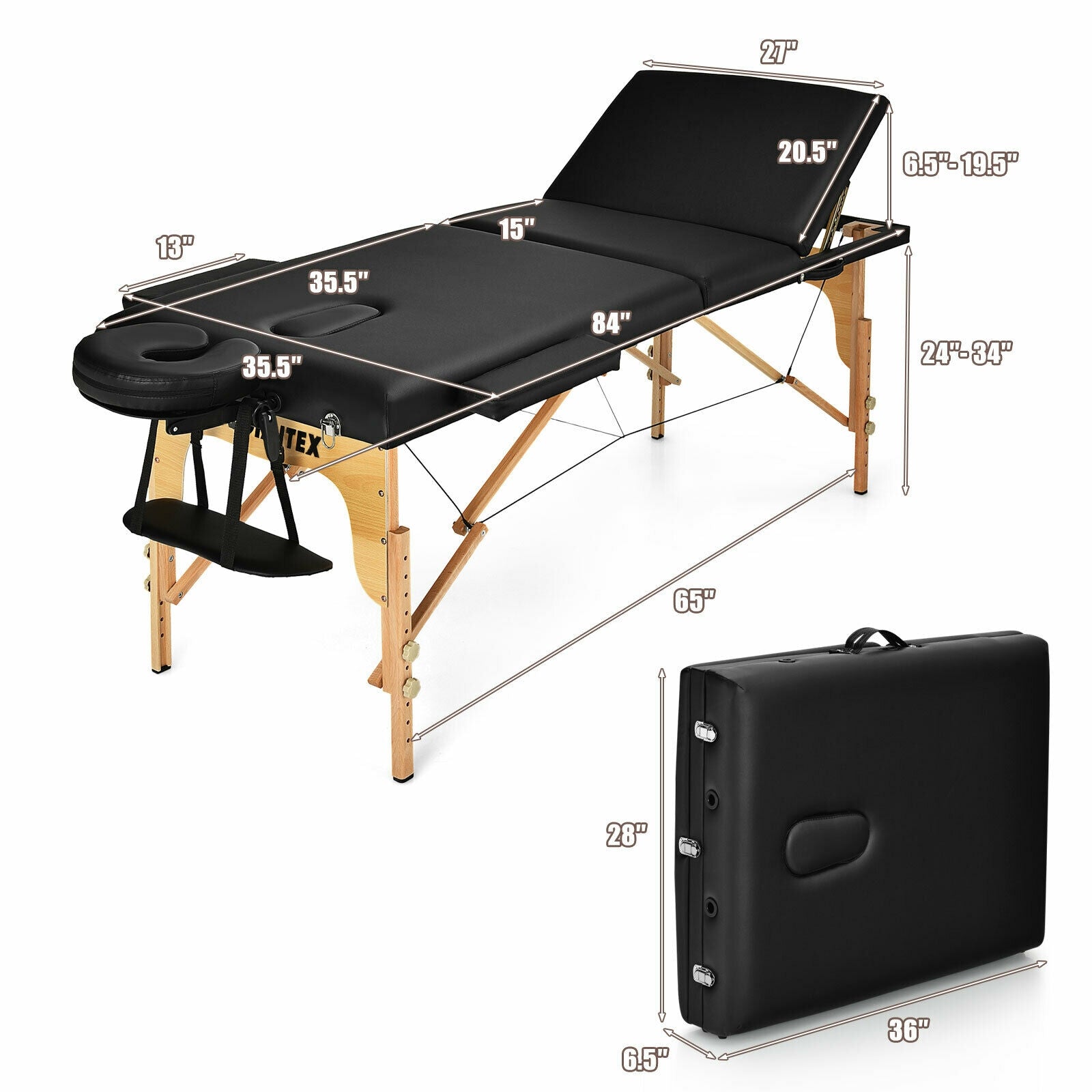 3 Fold Portable Adjustable Massage Table with Carry Case