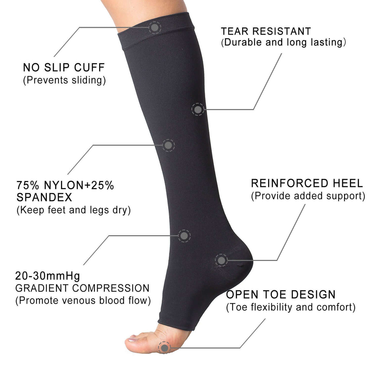 Open Toe Medical Compression Socks Graduated 20-30 mmHg Knee High 1 Pack