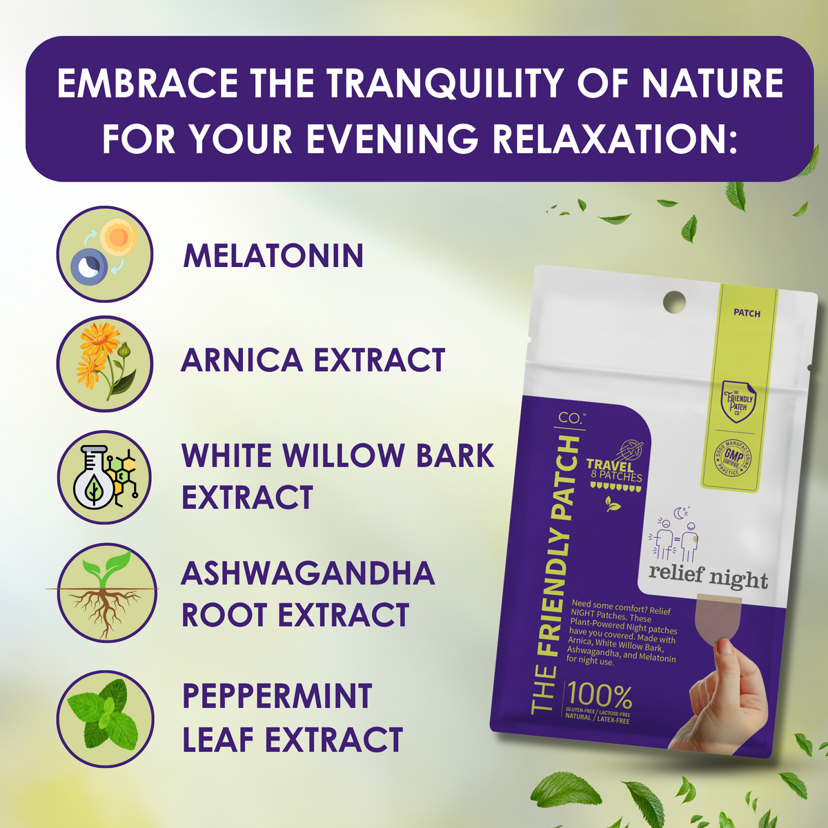 Relief Night Pain Patches: Arnica & Melatonin for Soreness & Sleep - 8 Pack