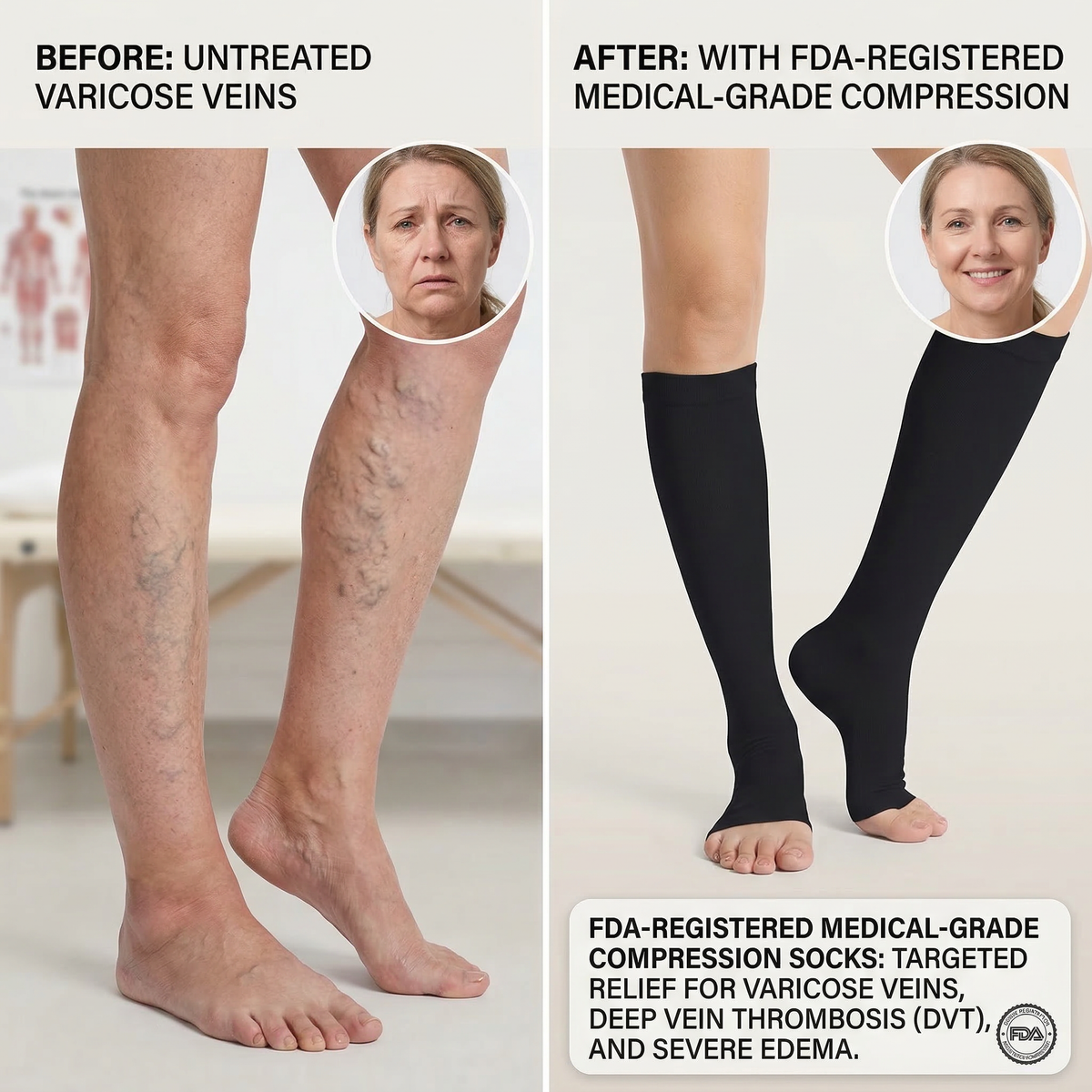 Open Toe Medical Compression Socks Graduated 20-30 mmHg Knee High 1 Pack