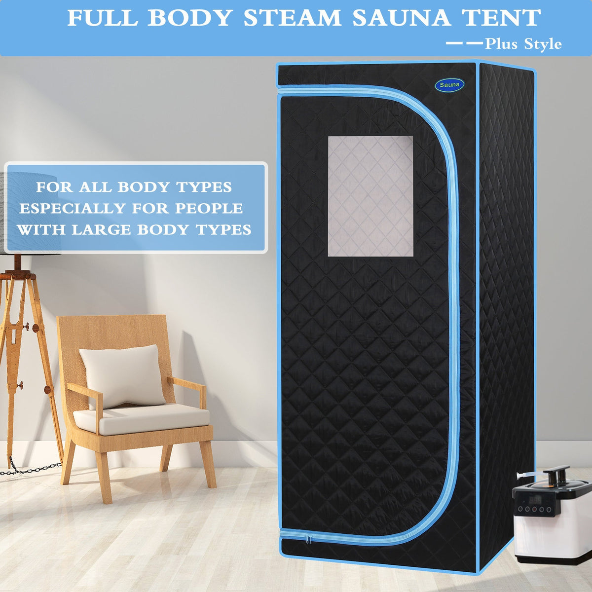 Portable Plus Type Full Size Steam Sauna tent. Spa, Detox ,Therapy and Relaxation at home.Larger Space,Stainless Steel Pipes Connector Easy to Install, with FCC Certification--Black(Blue binding)