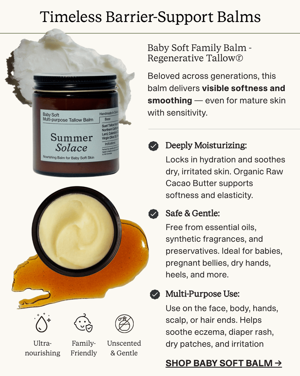 Baby Soft Family Tallow Balm with Lard + Cacao • Gentle Unscented Moisturizer