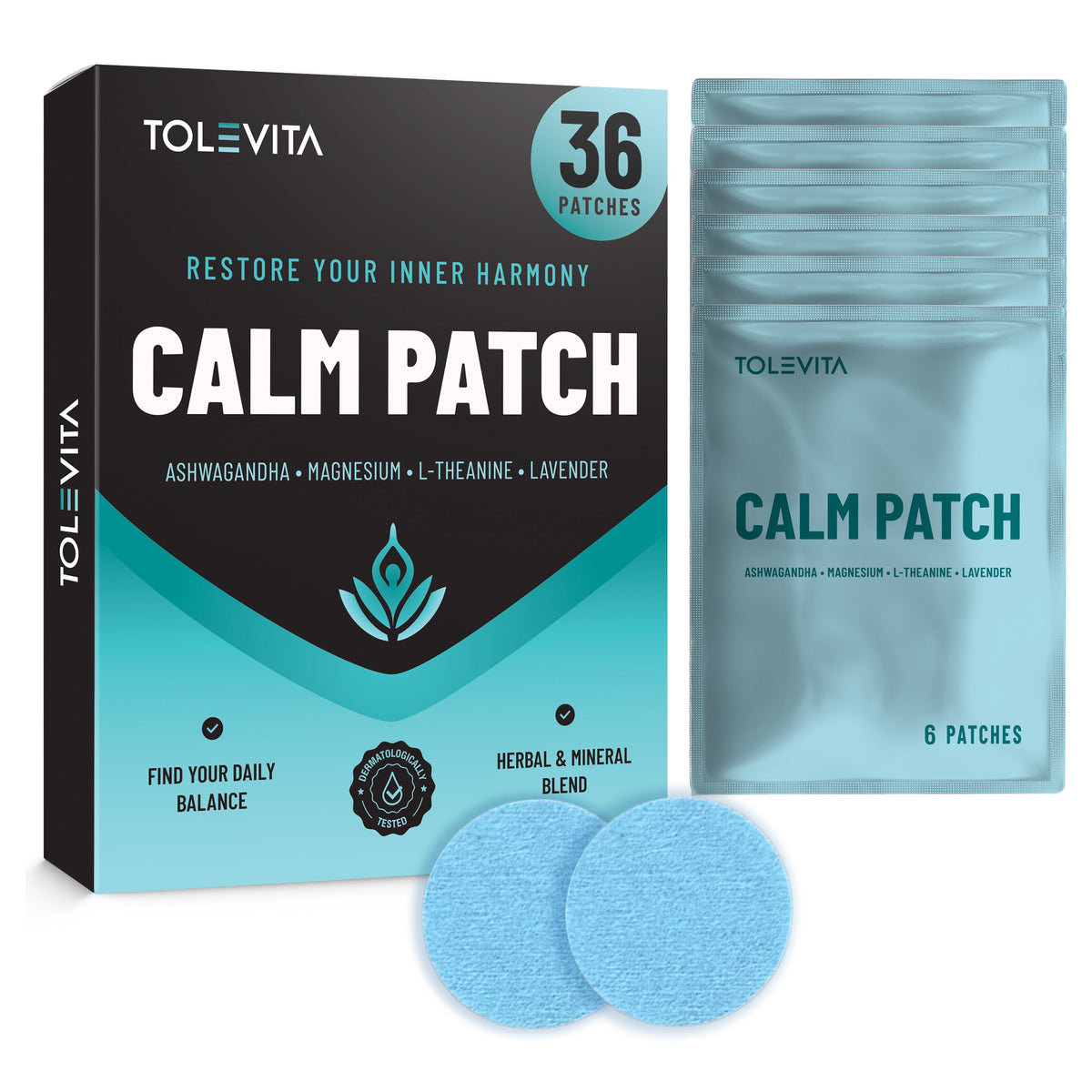 Calm Patches Relaxation & Stress Relief with GABA, Ashwagandha, L-Theanine, Passion Flower, Magnesium, 36 patches